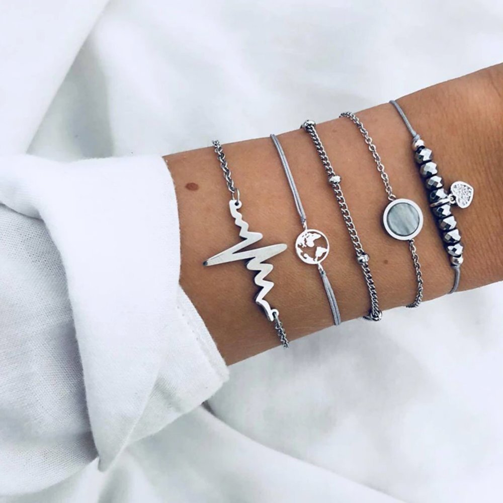 Boho Silver Heart Chain Beaded Charm Bracelet Set